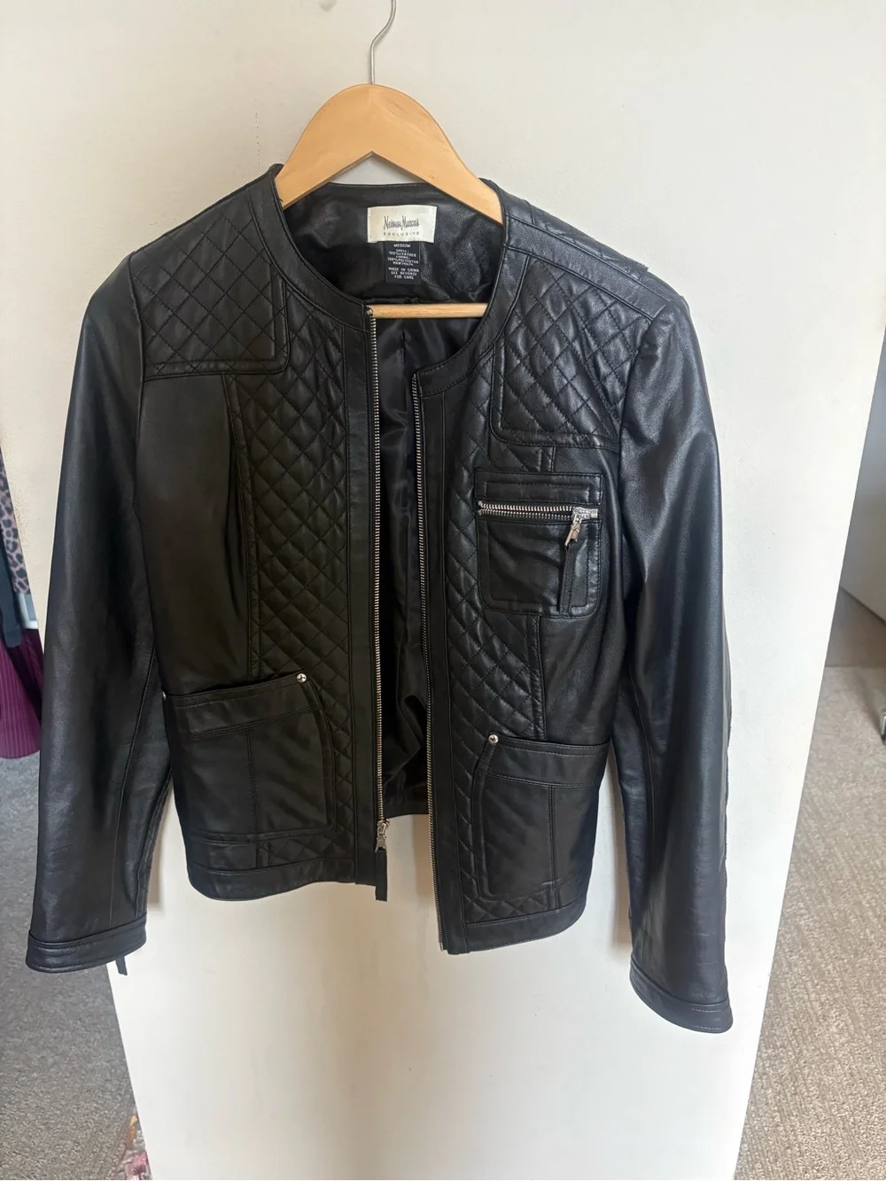 Neiman Marcus Black Quilted Leather Moto Jacket